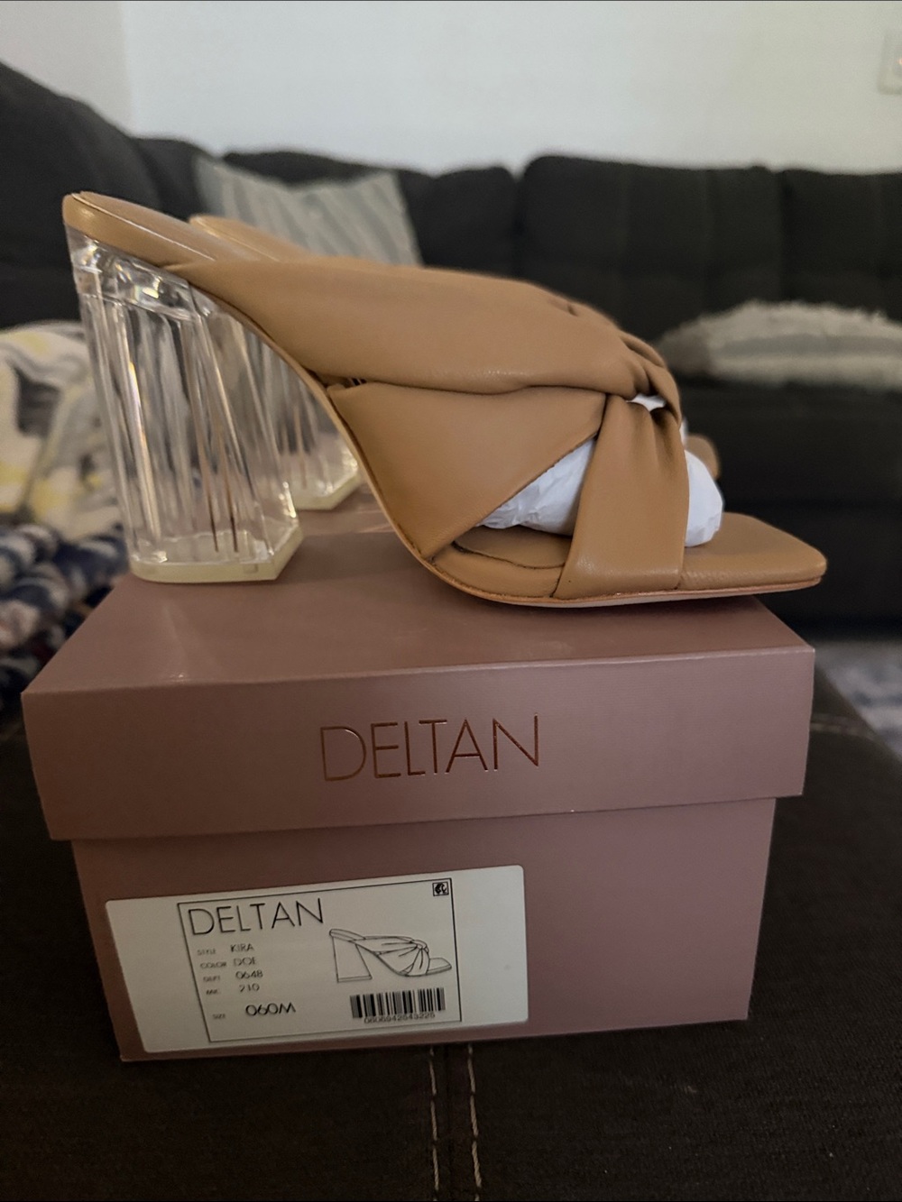 Deltan Tan Knotted Slide Heel with Clear Block